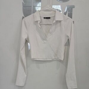 Zara White Long Sleeve Polo Top